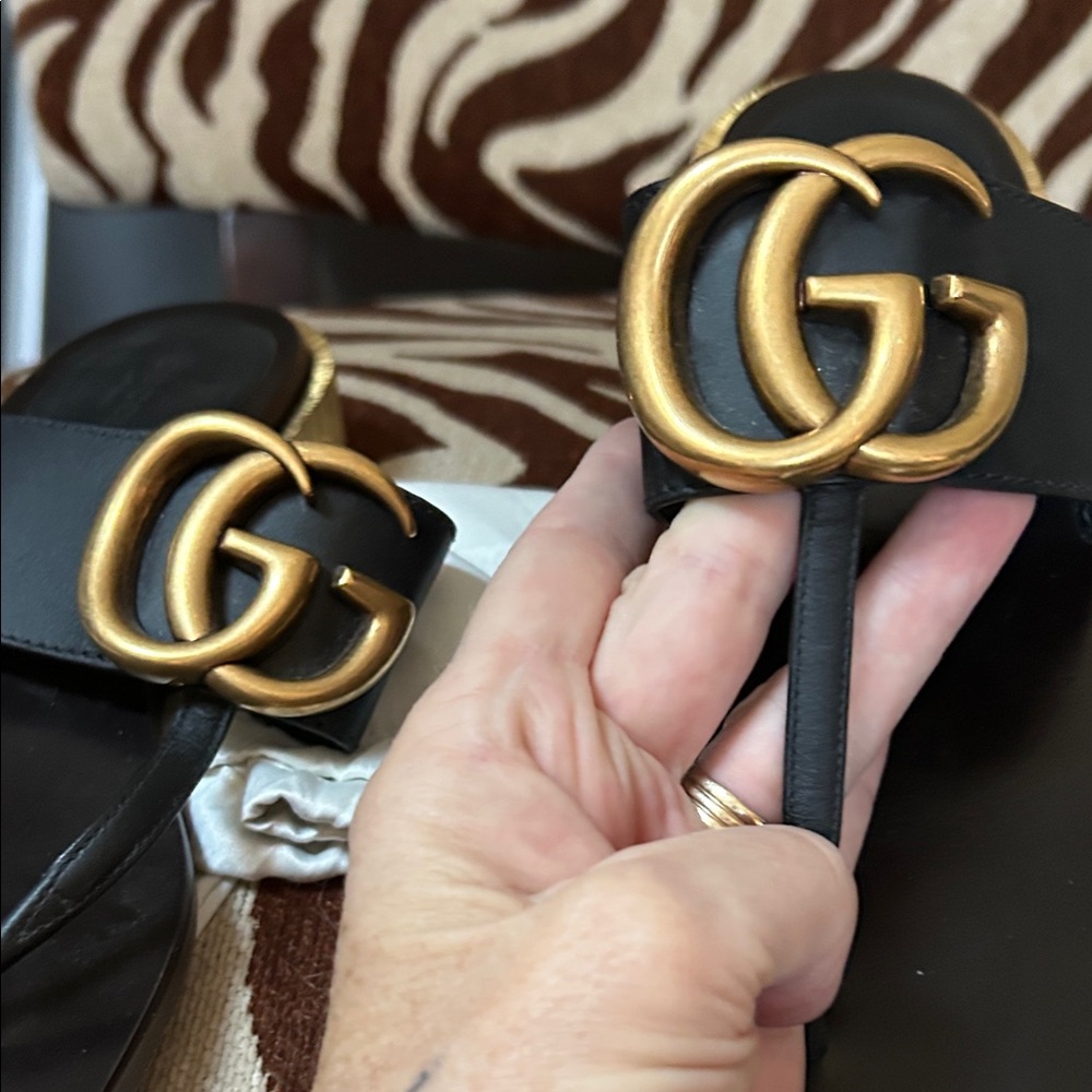 Gucci Black Marmont Sandals with Gold Heels - Picture 9 of 10